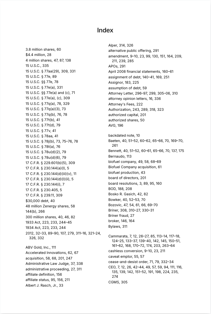 Indexed SEC administrative proceeding filing with people, exhibits, emails, and testimony cross-referenced to source pages