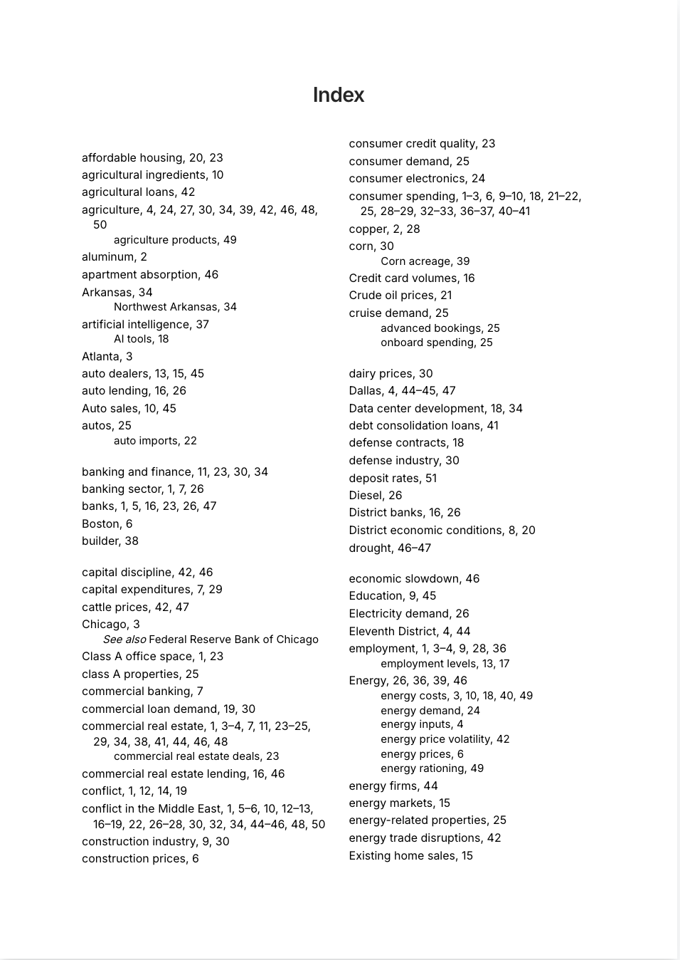Indexed April 2026 Federal Reserve Beige Book showing searchable entries organized by district, sector, and economic theme